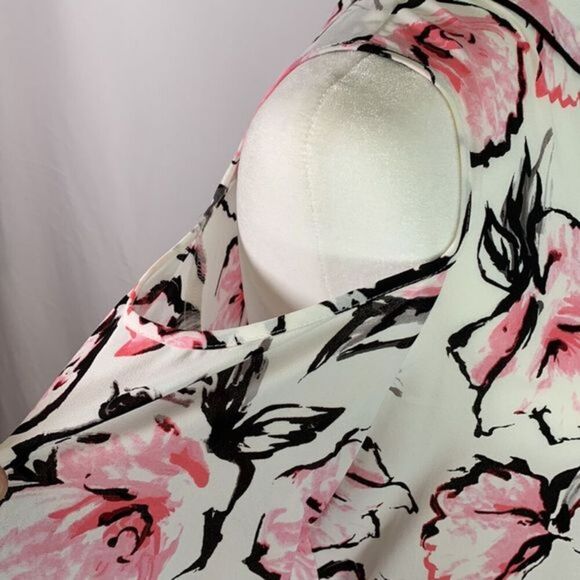 Karl Lagerfeld White, Black & Pink Floral Cold Shoulder Blouse Top - Picture 9 of 12